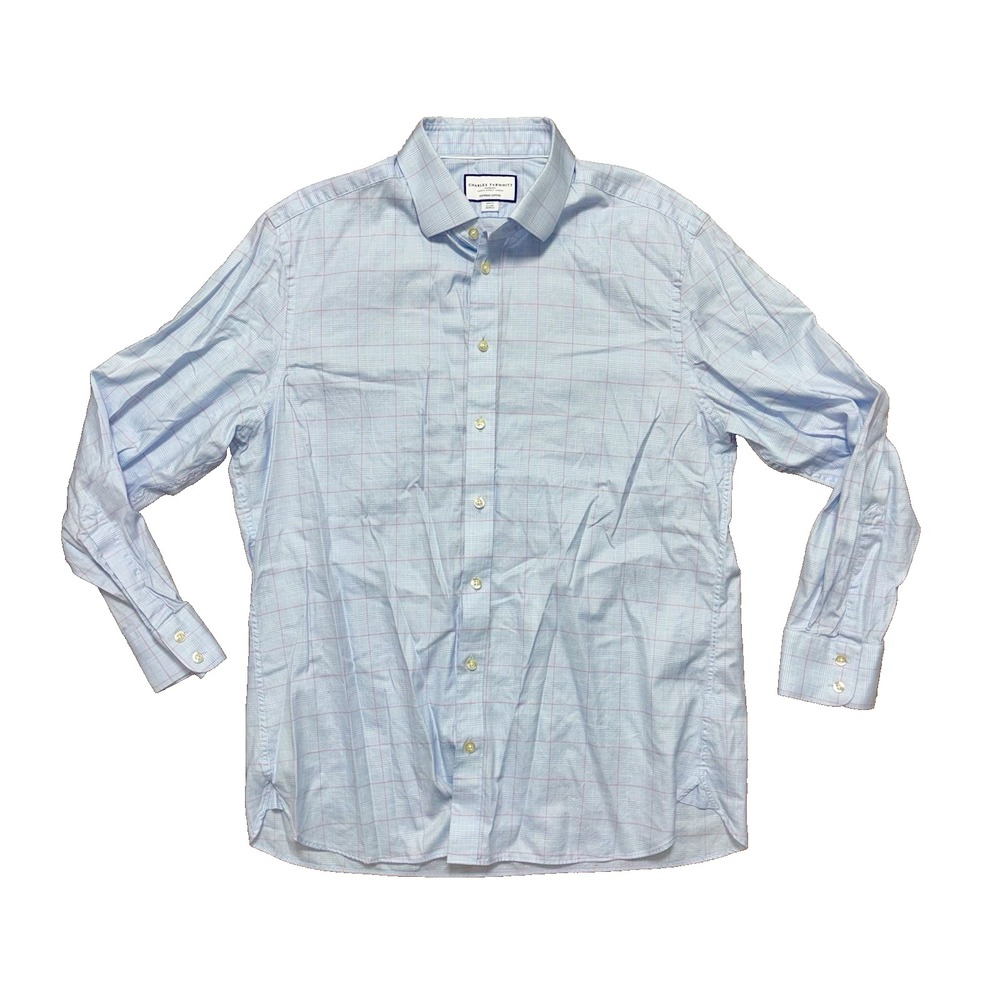 Charles Tyrwhitt Slim Fit Long Sleeve Button Shirt Plaid Men's Size 17/34 Blue